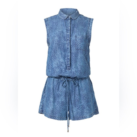 Tart Button-up Chambray Printed Denim Romper With Drawstring Waist Size L - Picture 5 of 15